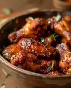 Chicken wings coated in a sticky glazed sauce served in a rustic bowl with herbs and seasoning.