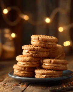 Stack of homemade peanut butter sandwich cookies for a Copycat Nutter Butters Recipe with creamy peanut butter filling