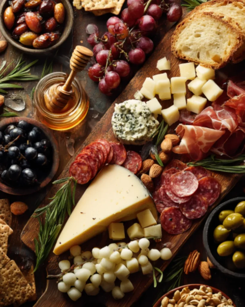 Cured Meats charcuterie board with salami, prosciutto, cheese, grapes, olives, honey, nuts, crackers, and bread.