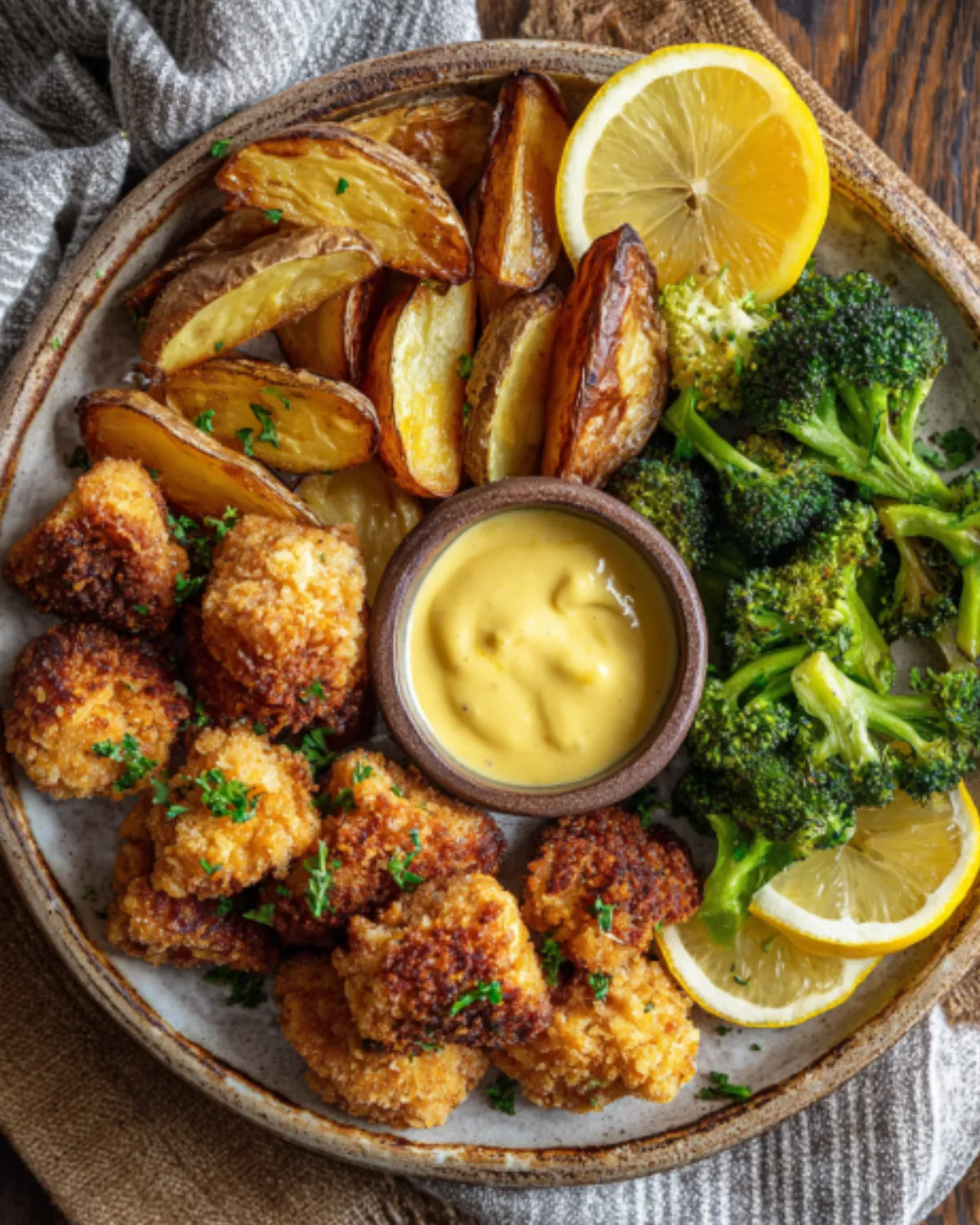 Easy air fryer recipes featuring crispy chicken bites, roasted potato wedges, broccoli, lemon slices, and creamy dipping sauce on a plate.