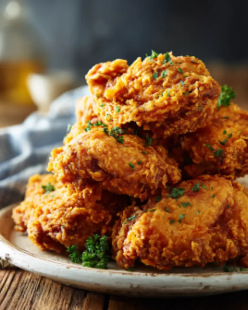 Crispy golden fried chicken pieces stacked on a plate with herbs garnish