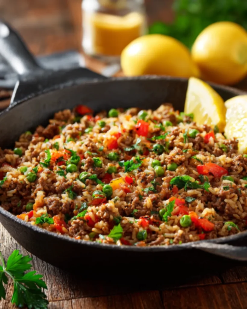 Halal Meats spiced rice skillet with ground meat, peas, red peppers, fresh parsley, and lemon wedges.