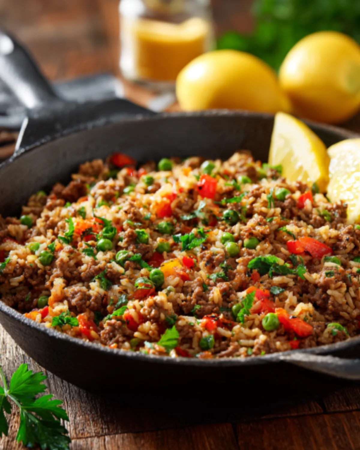 Halal Meats spiced rice skillet with ground meat, peas, red peppers, fresh parsley, and lemon wedges.