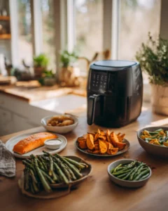Healthy air fryer recipes with salmon, roasted potatoes, asparagus, and green beans prepared in a modern kitchen with an air fryer.