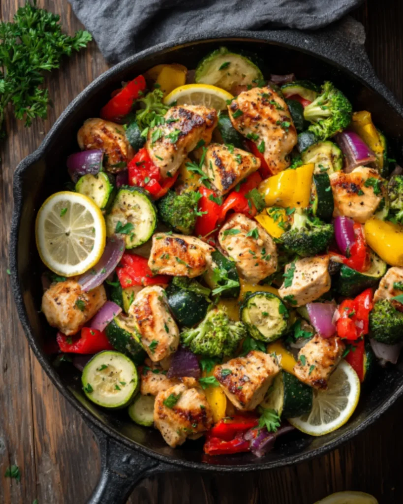 Healthy Meats chicken vegetable skillet with grilled chicken, zucchini, broccoli, bell peppers, onions, herbs, and lemon slices.