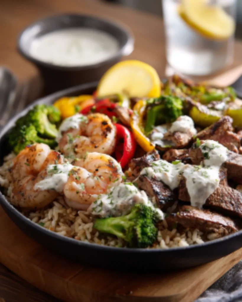 High protein meats rice bowl with shrimp, sliced steak, broccoli, red peppers, lemon, and creamy sauce.