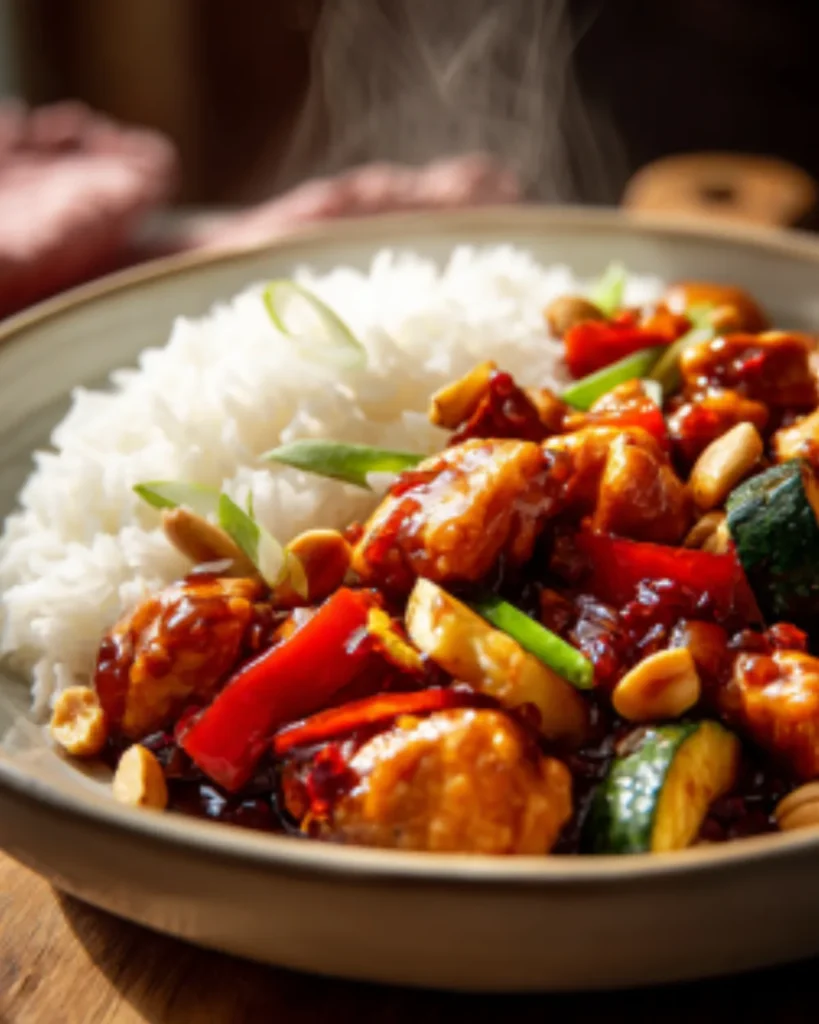 Kung Pao Chicken served with steamed white rice, red peppers, zucchini, peanuts, and a glossy spicy sauce.