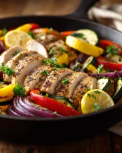 Lean meats chicken skillet with sliced chicken breast, bell peppers, zucchini, red onion, lemon slices, and fresh herbs.