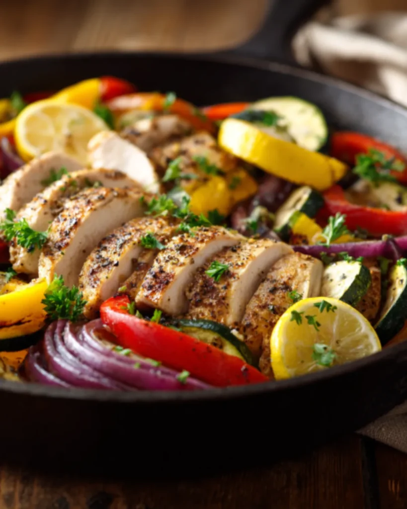Lean meats chicken skillet with sliced chicken breast, bell peppers, zucchini, red onion, lemon slices, and fresh herbs.