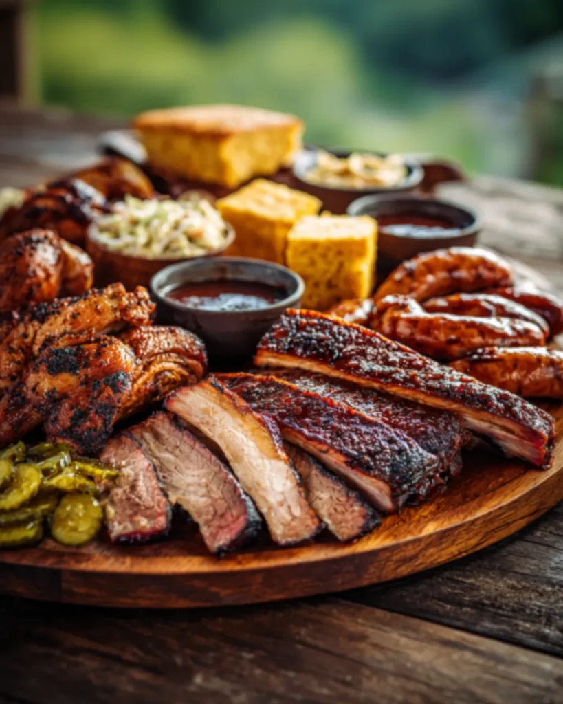 Meats bbq platter with sliced brisket, ribs, grilled chicken, sausage, cornbread, pickles, coleslaw, and barbecue sauce.