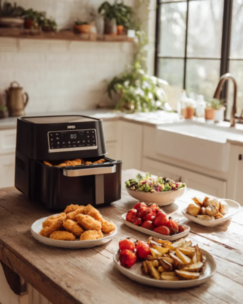 Ninja air fryer recipes featuring crispy breaded chicken, roasted potatoes, stuffed tomatoes, and fresh salad on a rustic kitchen table.