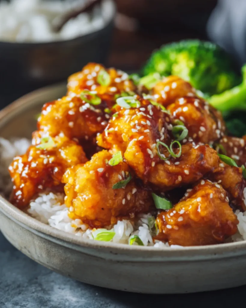 Orange chicken air fryer served over white rice with sesame seeds, green onions, and broccoli.