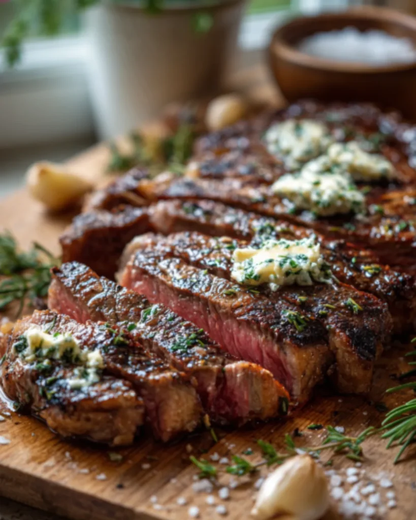 Prime Meats grilled steak sliced on a wooden board with herb butter, garlic, rosemary, and coarse salt.