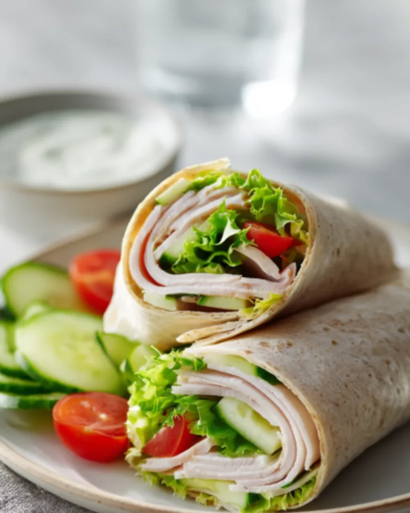 Processed Meats turkey wrap filled with sliced deli meat, lettuce, cucumber, and tomato on a plate with creamy dipping sauce.