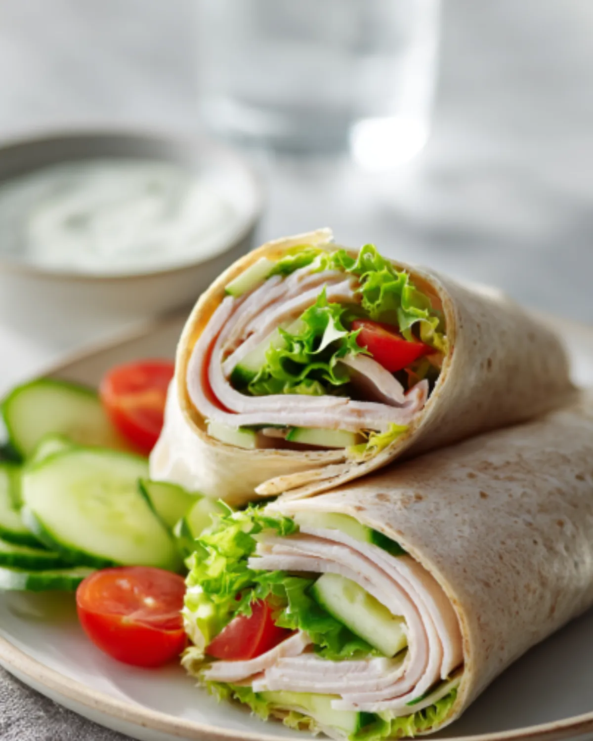 Processed Meats turkey wrap filled with sliced deli meat, lettuce, cucumber, and tomato on a plate with creamy dipping sauce.