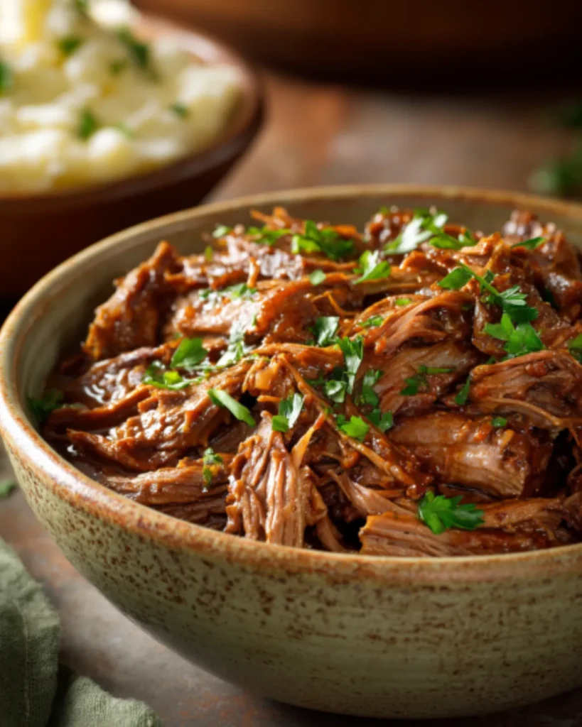Red meats shredded beef in rich sauce topped with fresh parsley and served in a ceramic bowl.