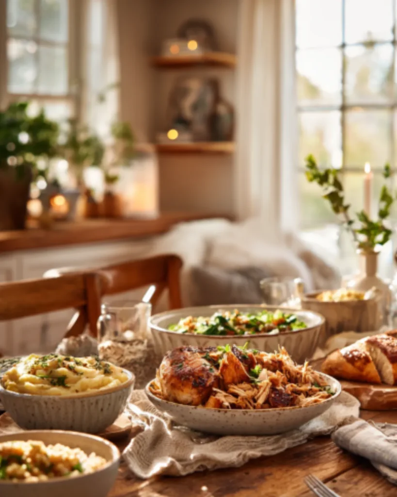 Rotisserie chicken recipes served with mashed potatoes, fresh salad, bread, and comforting side dishes on a rustic dining table.