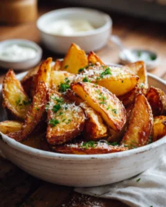 Russet Potato Recipes featuring crispy roasted potato wedges topped with herbs and grated cheese in a serving bowl.