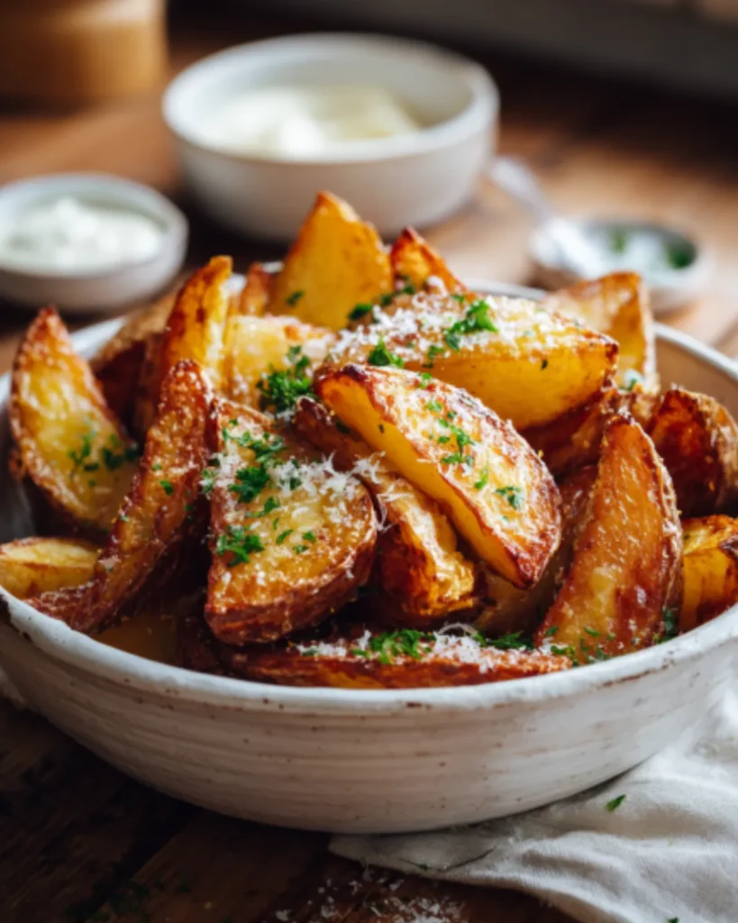 Russet Potato Recipes featuring crispy roasted potato wedges topped with herbs and grated cheese in a serving bowl.