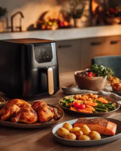 Simple air fryer recipes featuring roasted chicken, salmon, potatoes, and fresh vegetables served on a modern kitchen table with an air fryer.