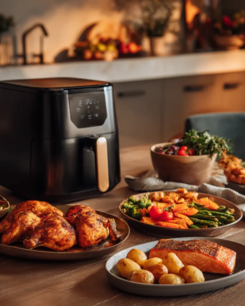 Simple air fryer recipes featuring roasted chicken, salmon, potatoes, and fresh vegetables served on a modern kitchen table with an air fryer.
