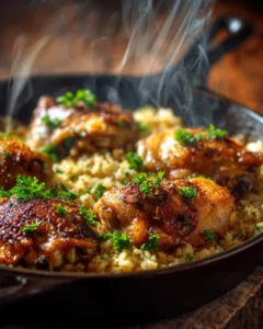 Skillet chicken and rice with crispy seasoned chicken thighs and steaming herb rice