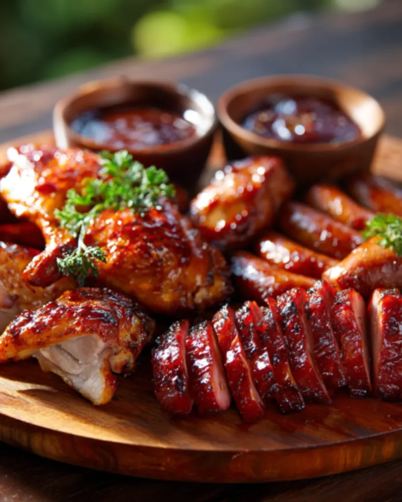 Smoked meats BBQ platter with glazed chicken, sliced sausage, roasted potatoes, and dipping sauce on a wooden board.