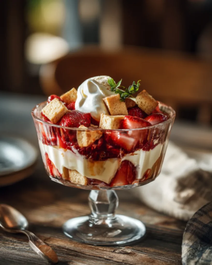 Glass dessert bowl filled with Strawberry Shortcake Pudding layered with strawberries, cream, and cake cubes