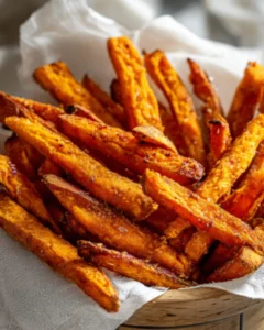 Crispy sweet potato fries air fryer recipe served in a basket with golden edges and seasoning