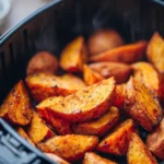 Crispy seasoned sweet potatoes in air fryer basket with golden roasted edges