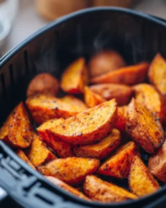 Crispy seasoned sweet potatoes in air fryer basket with golden roasted edges