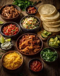 Taco Meats taco bar with shredded meats, corn tortillas, salsa, cheese, slaw, cilantro, lime wedges, and fresh toppings.