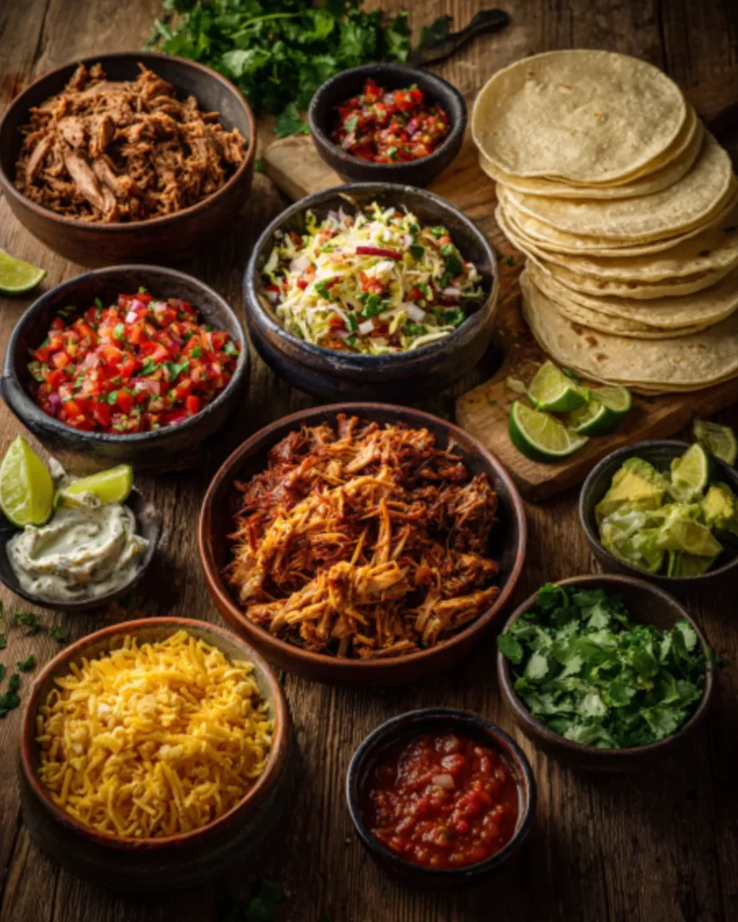 Taco Meats taco bar with shredded meats, corn tortillas, salsa, cheese, slaw, cilantro, lime wedges, and fresh toppings.